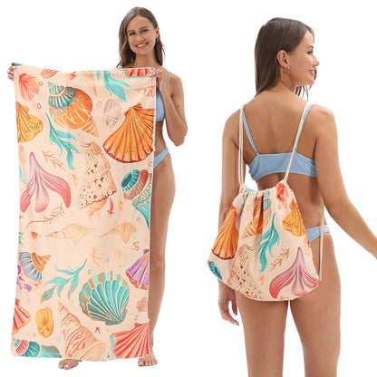 Cross-border two-in-one foldable beach towel printed bath towel integrated beach towel all-in-one bag for storage