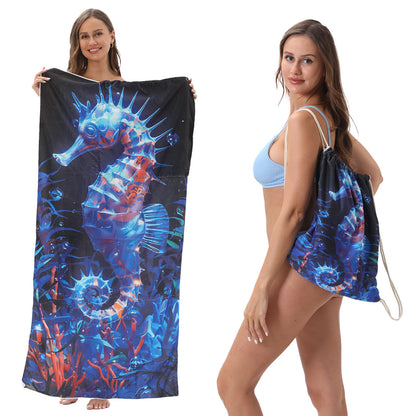 Cross-border two-in-one foldable beach towel printed bath towel integrated beach towel all-in-one bag for storage