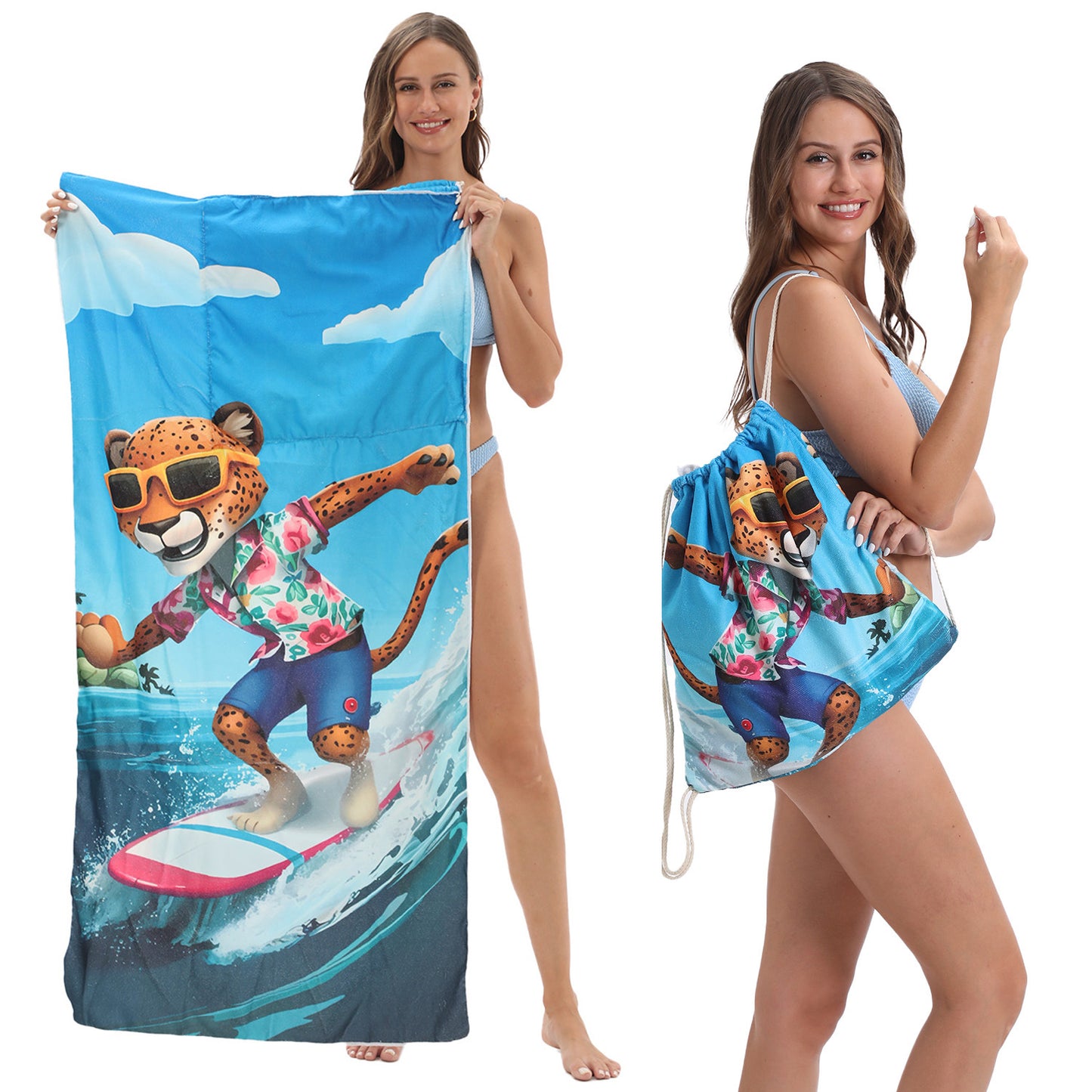 Cross-border two-in-one foldable beach towel printed bath towel integrated beach towel all-in-one bag for storage