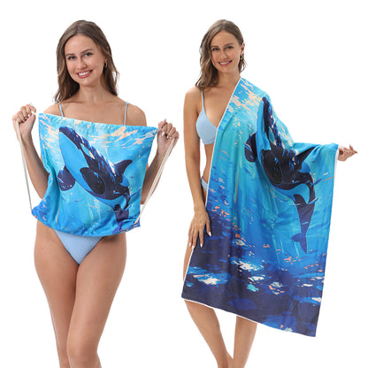 Cross-border two-in-one foldable beach towel printed bath towel integrated beach towel all-in-one bag for storage