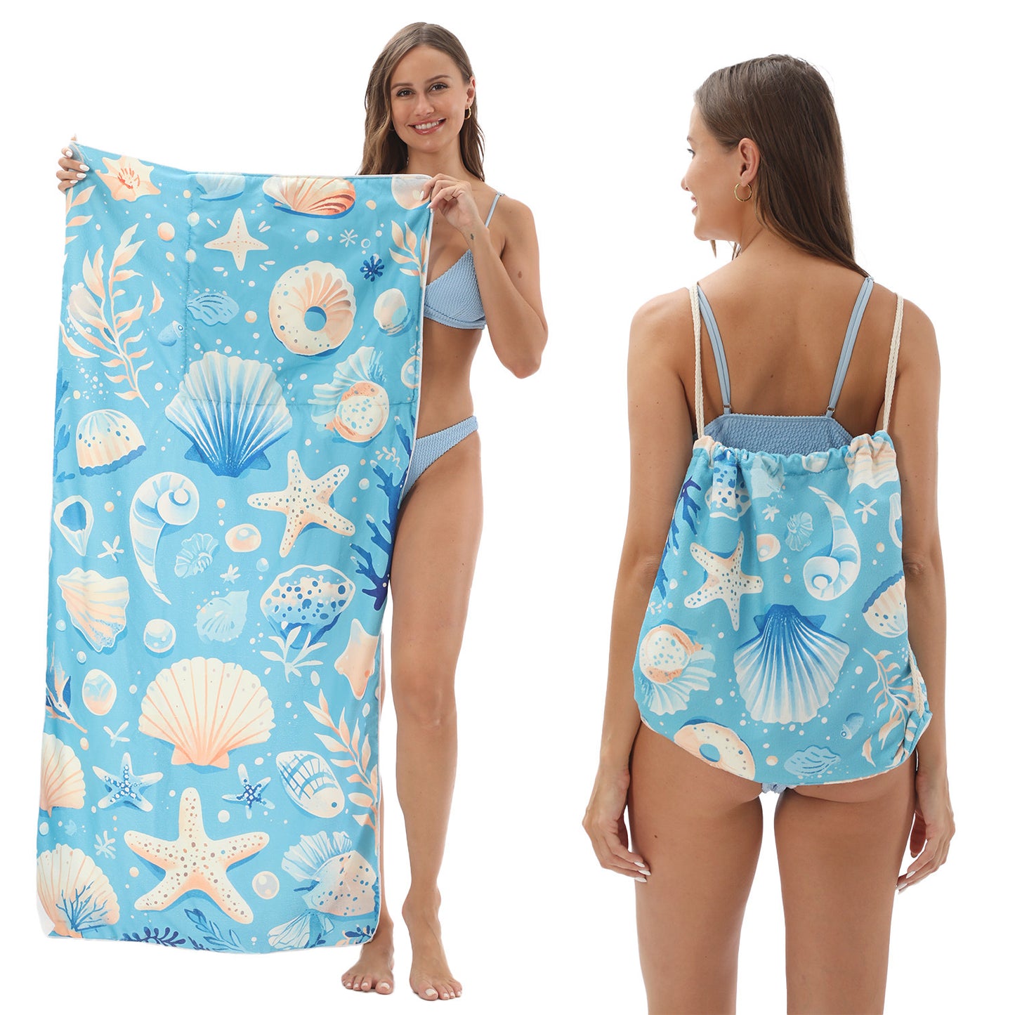 Cross-border two-in-one foldable beach towel printed bath towel integrated beach towel all-in-one bag for storage