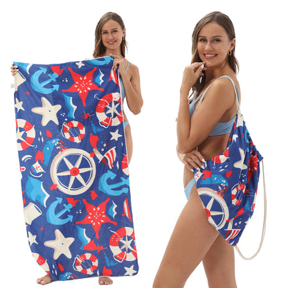 Cross-border two-in-one foldable beach towel printed bath towel integrated beach towel all-in-one bag for storage