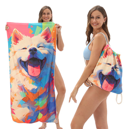 Cross-border two-in-one foldable beach towel printed bath towel integrated beach towel all-in-one bag for storage