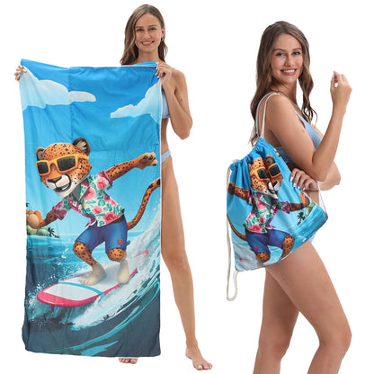 Cross-border two-in-one foldable beach towel printed bath towel integrated beach towel all-in-one bag for storage