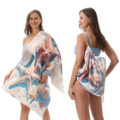 Cross-border two-in-one foldable beach towel printed bath towel integrated beach towel all-in-one bag for storage