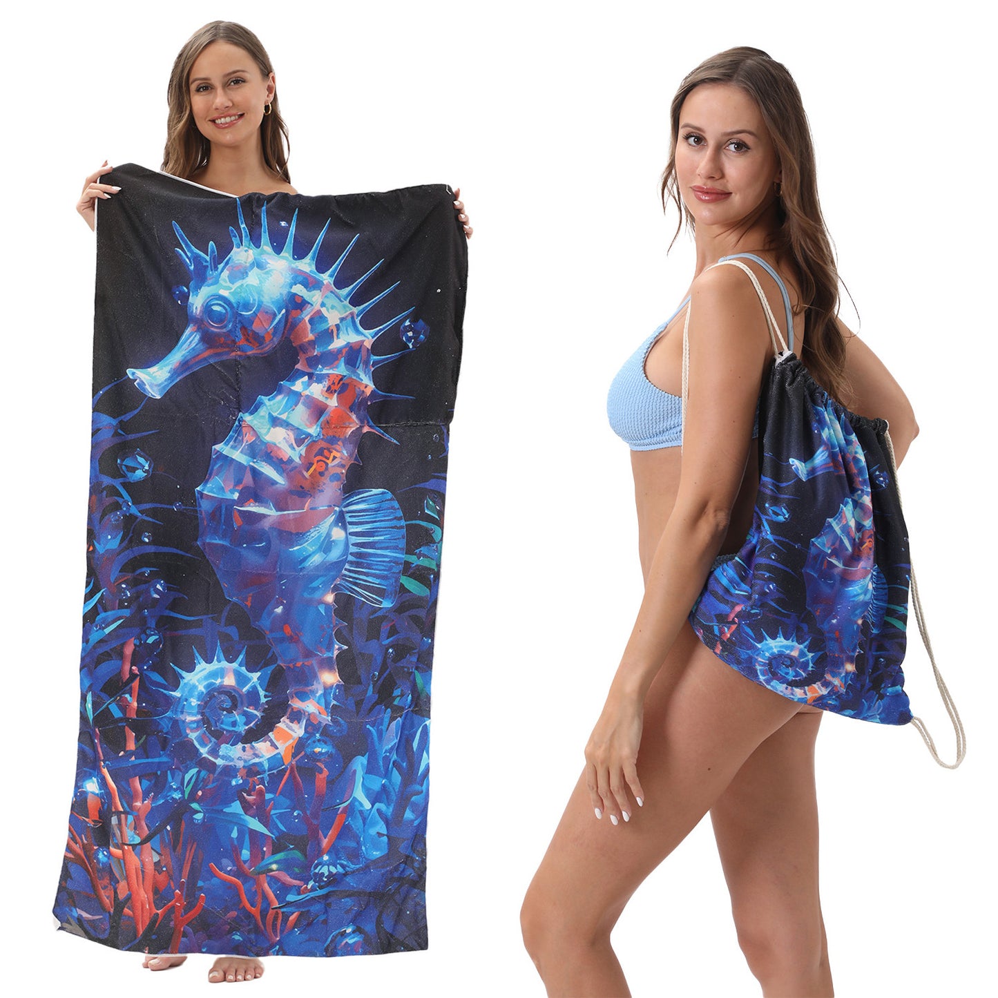 Cross-border two-in-one foldable beach towel printed bath towel integrated beach towel all-in-one bag for storage