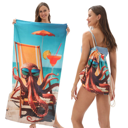 Cross-border two-in-one foldable beach towel printed bath towel integrated beach towel all-in-one bag for storage