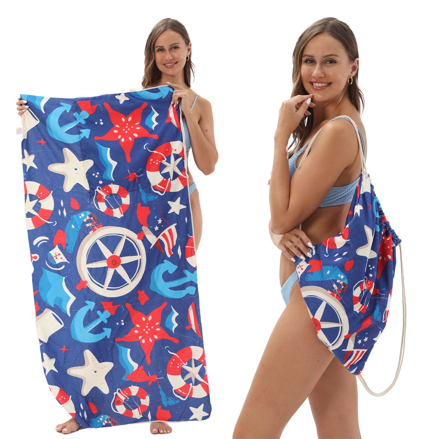 Cross-border two-in-one foldable beach towel printed bath towel integrated beach towel all-in-one bag for storage
