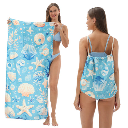 Cross-border two-in-one foldable beach towel printed bath towel integrated beach towel all-in-one bag for storage