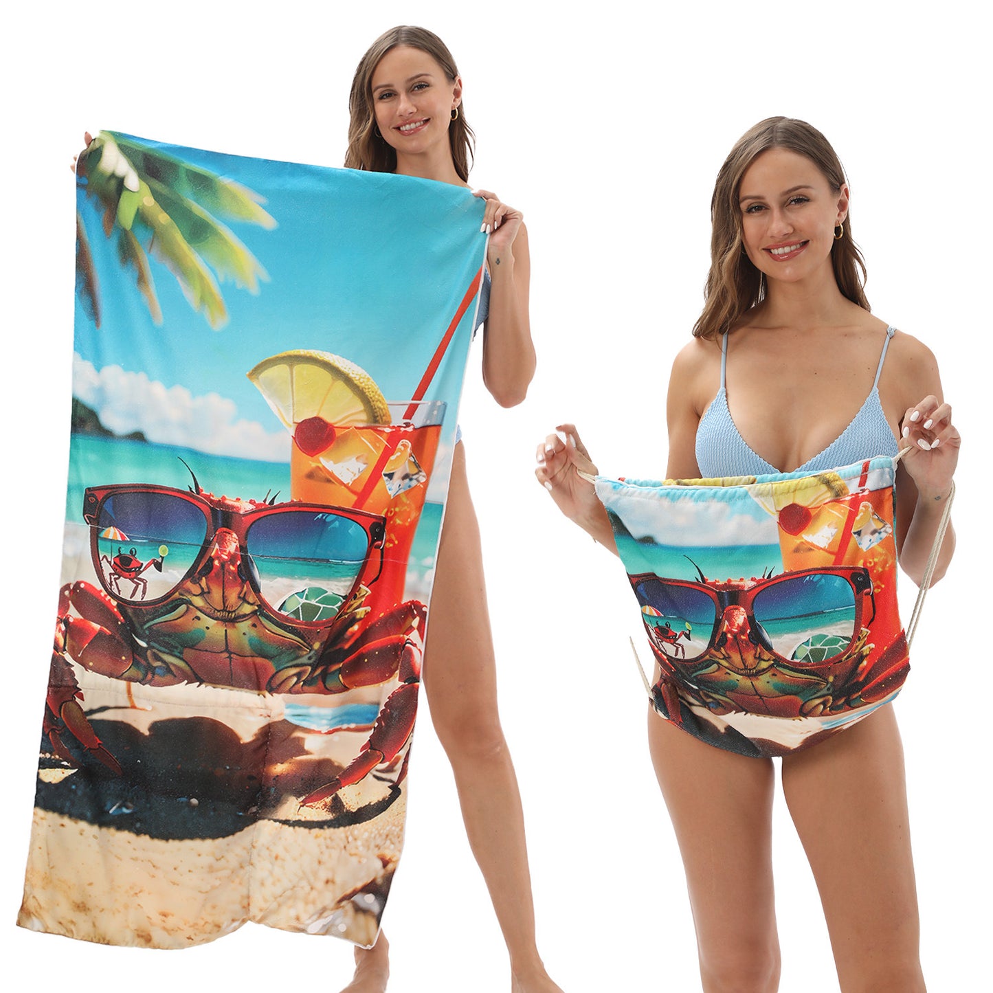 Cross-border two-in-one foldable beach towel printed bath towel integrated beach towel all-in-one bag for storage