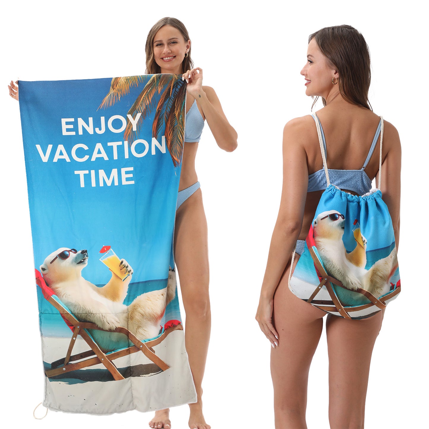 Cross-border two-in-one foldable beach towel printed bath towel integrated beach towel all-in-one bag for storage