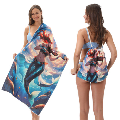 Cross-border two-in-one foldable beach towel printed bath towel integrated beach towel all-in-one bag for storage