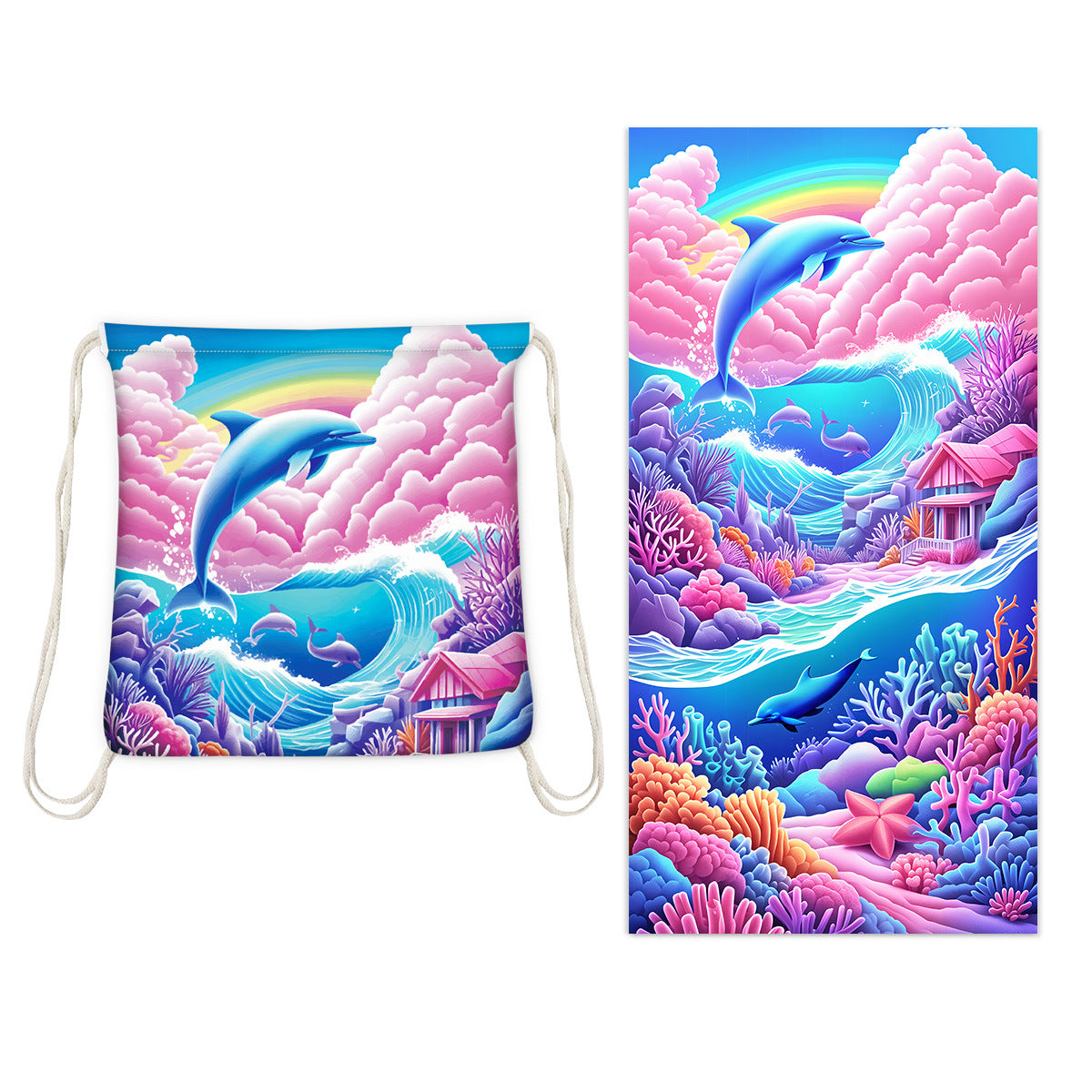 Cross-border two-in-one foldable beach towel printed bath towel integrated beach towel all-in-one bag for storage