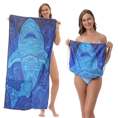 Cross-border two-in-one foldable beach towel printed bath towel integrated beach towel all-in-one bag for storage