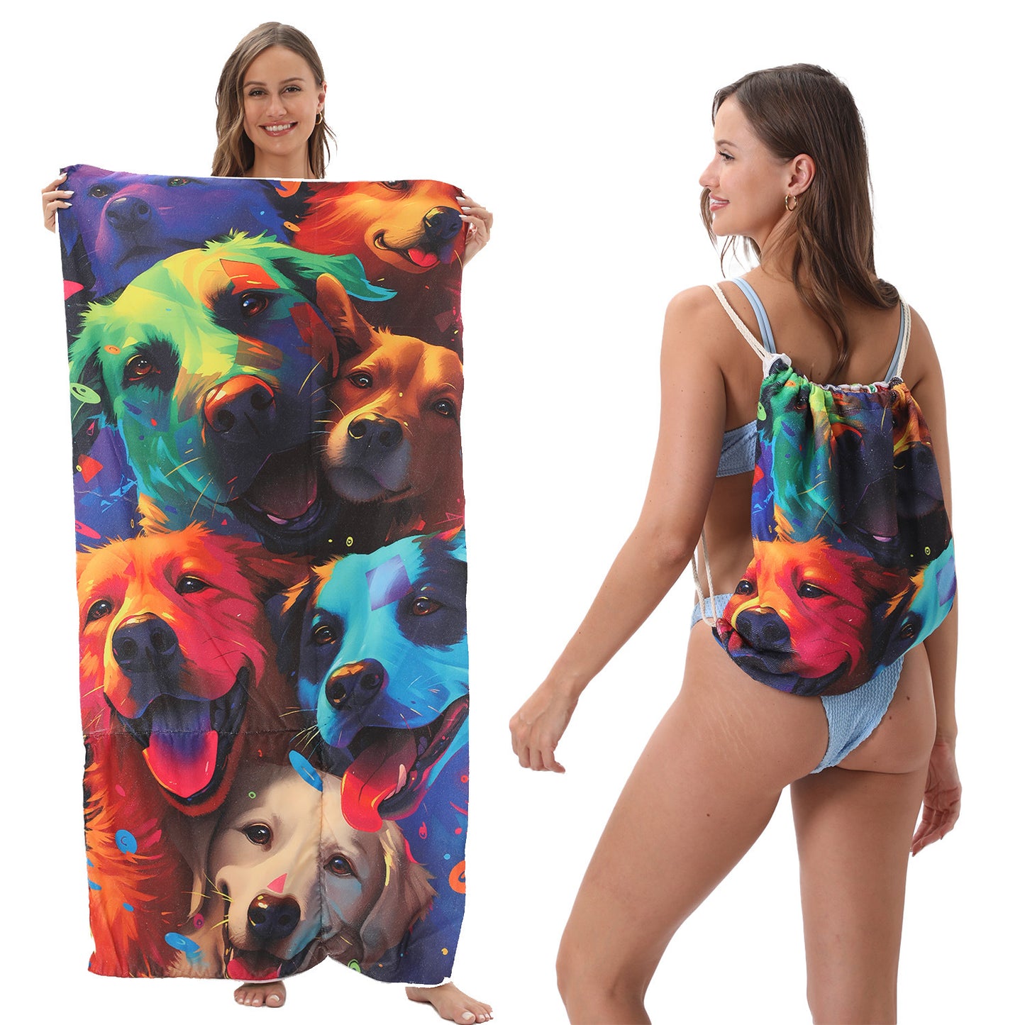 Cross-border two-in-one foldable beach towel printed bath towel integrated beach towel all-in-one bag for storage